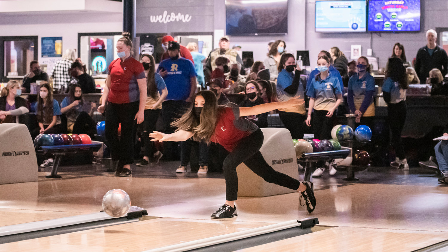 W.F. West’s Tyran Ozretich bowls at Fairway Lanes in Centralia alongside Rochester athletes Thursday afternoon.