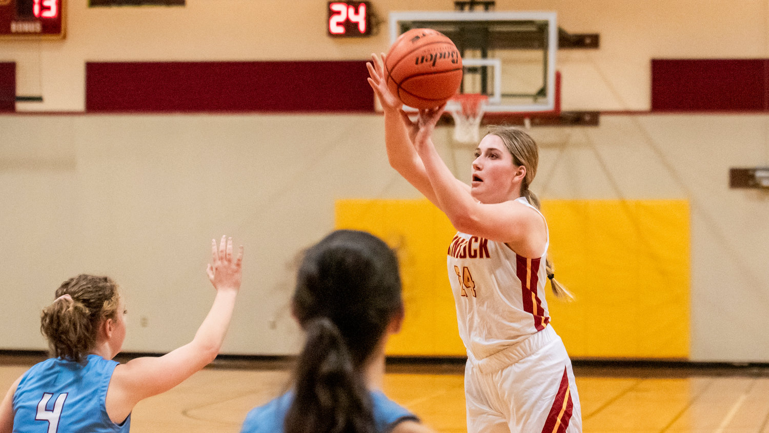 Winlock’s Addison Hall (24) makes a shot from deep during a game against the Stevenson Bulldogs Thursday night.