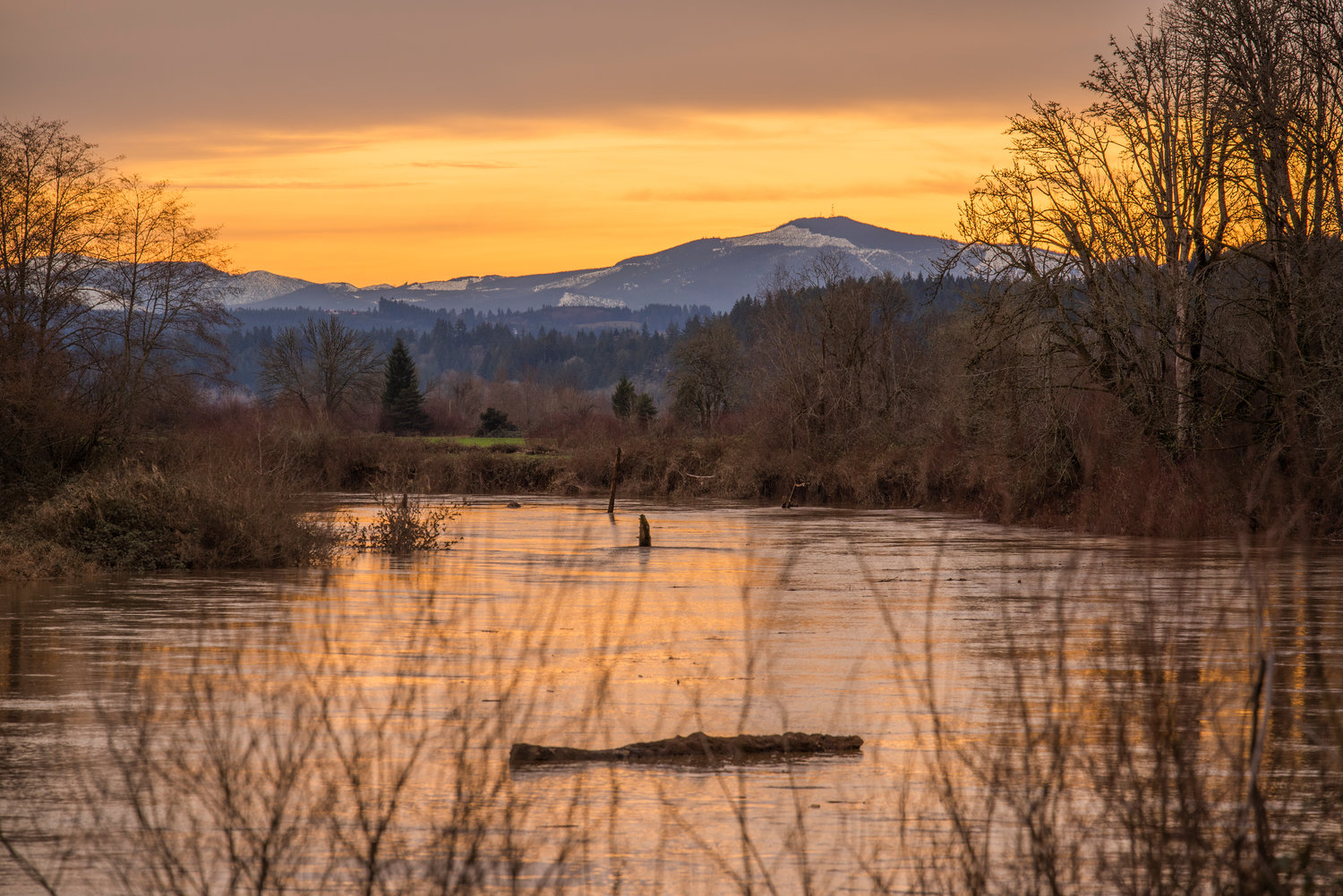 Reflections are seen in the Chehalis River as the sun sets behind the Willapa Hills Wednesday evening.