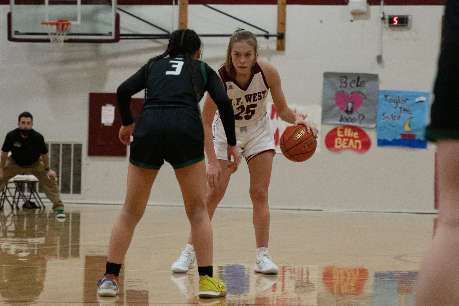 W.F. West guard Kyla McCallum stares down her defender as the Bearcats prep to run a play against Klahowya Jan. 15.