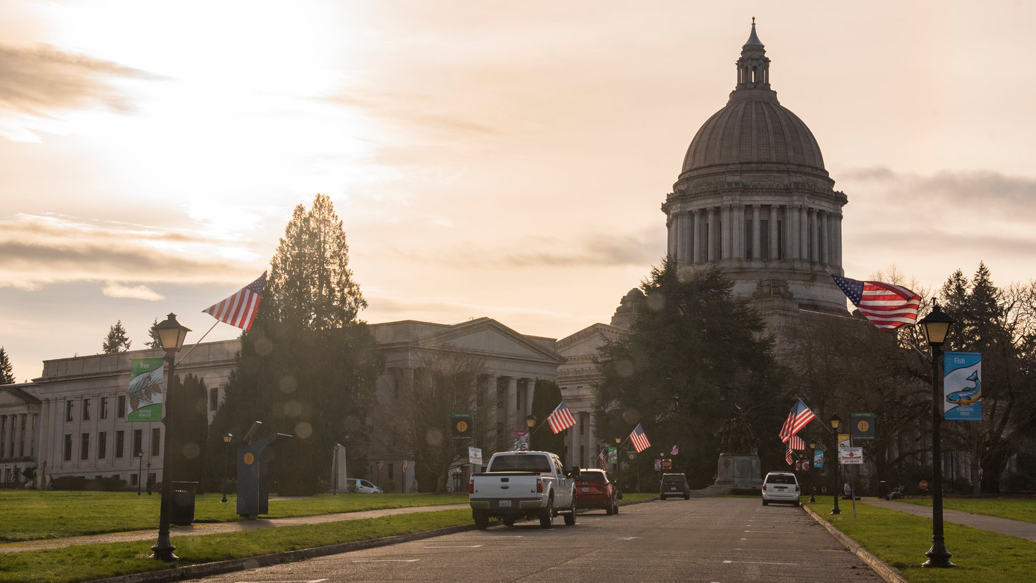 The Washington state Capitol is pictured as sunset approaches on Tuesday in Olympia.