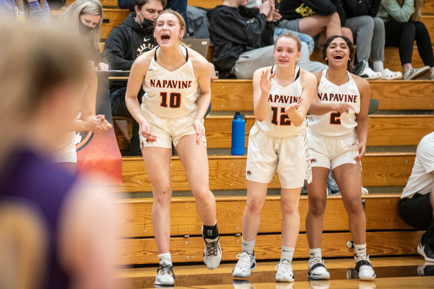 Napavine's Keira O'Neill (10), Avery Schutz (12) and Makensee Taliaferro (2) yell in celebration after the Tigers score against Onalaska on Jan. 18.