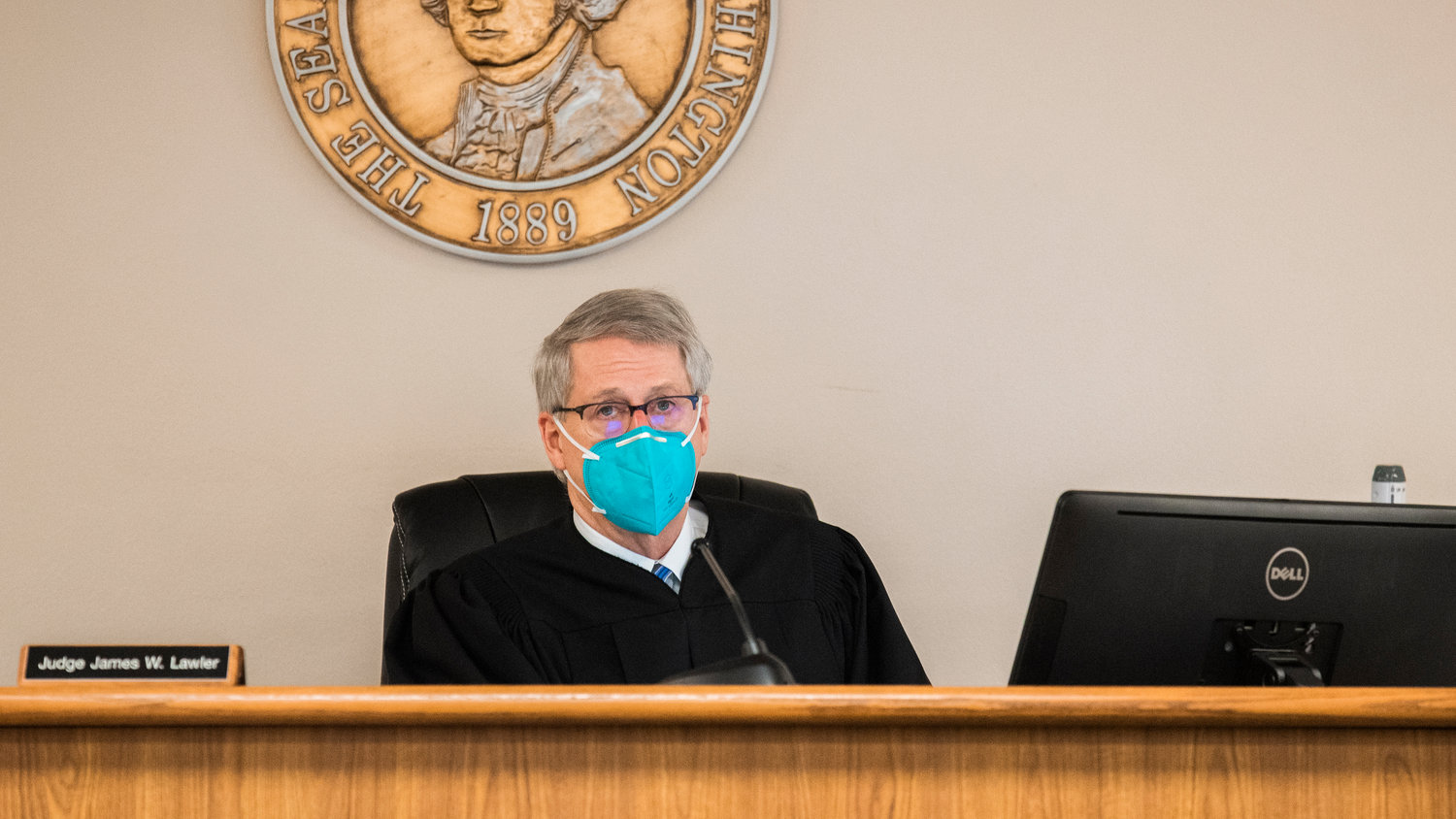 Judge James W. Lawler sports a mask as he presides over Lewis County Superior Court Thursday in Chehalis