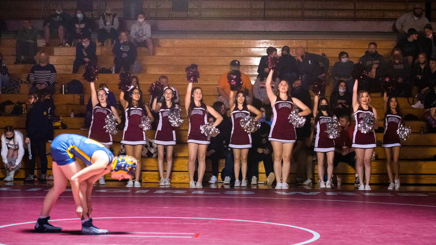 Bearcat cheerleaders raise their pom-poms as they cheer on wrestlers Thursday night at W.F. West High School.