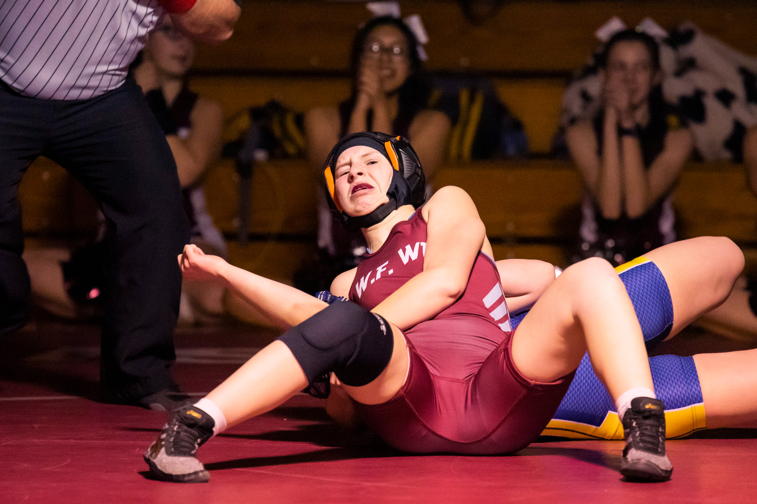 W.F. West’s Brooke Johnston wrestles at 129 Thursday night in Chehalis.