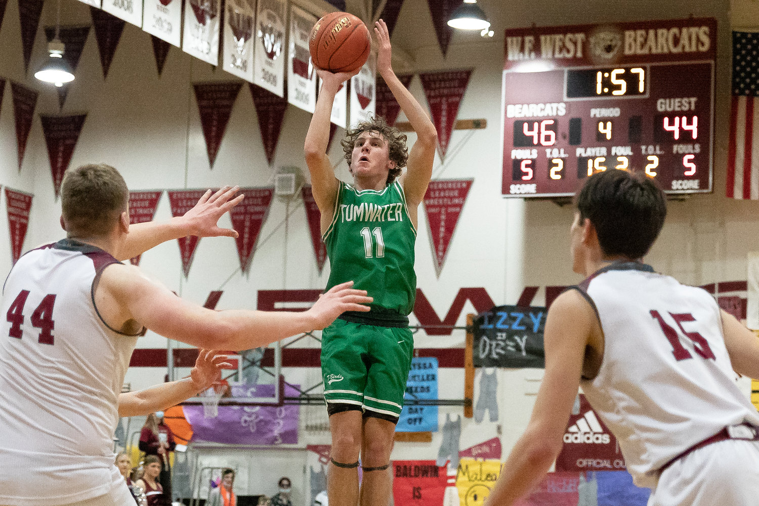 Tumwater guard Luke Brewer rises for a 3-pointer against W.F. West Jan. 25.
