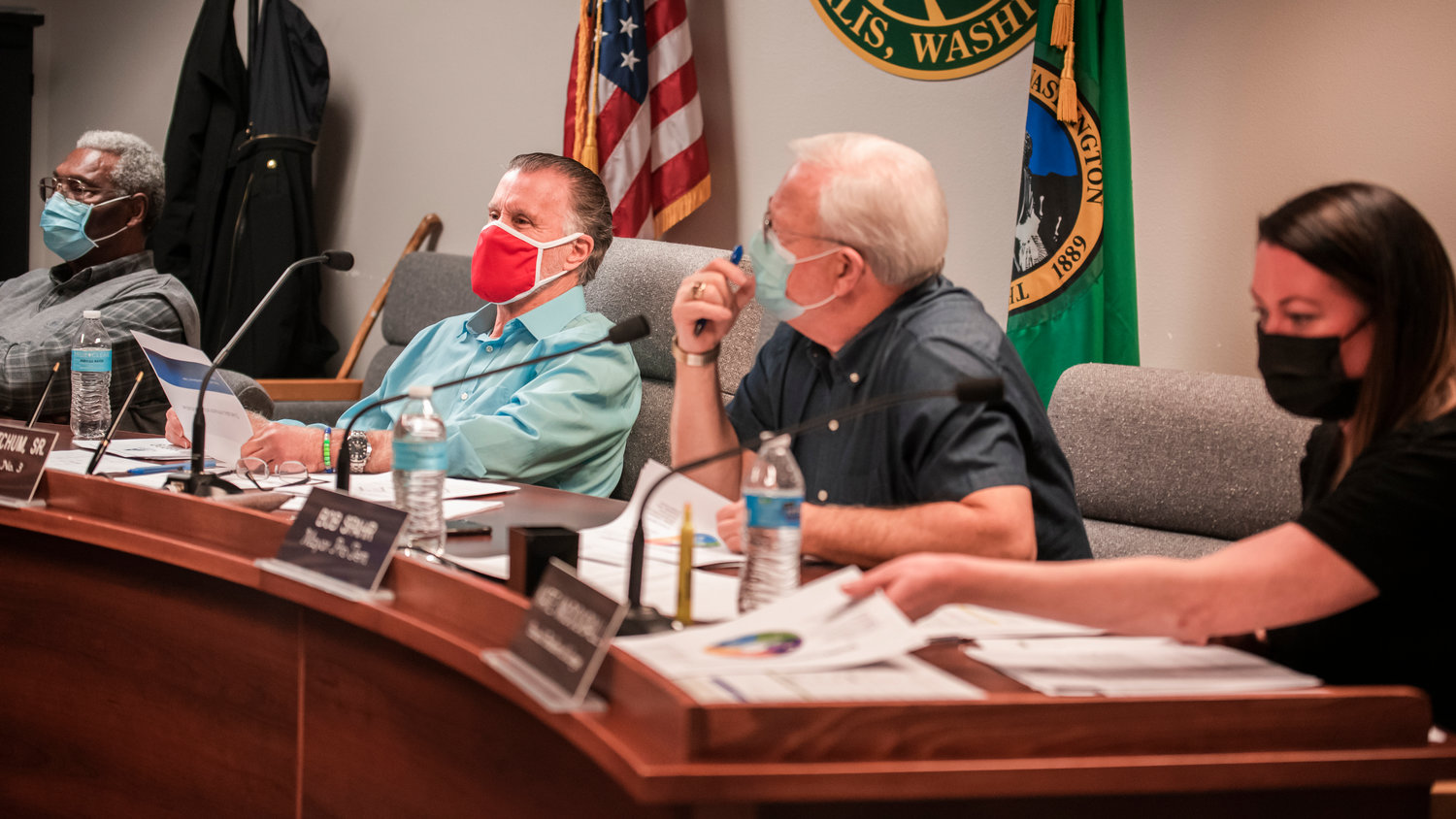 Chehalis City Council members listen to speakers during a public meeting Monday evening.