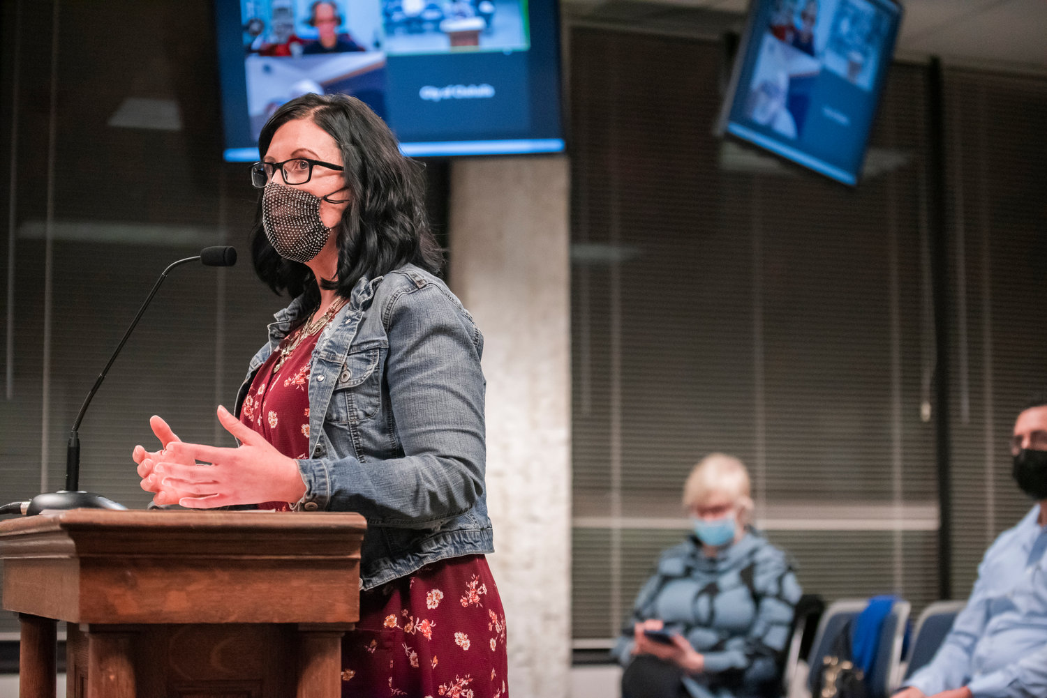 Tricia Ziese talks about Lewis County Gospel Mission and recent flooding in and around the building Monday evening during a Chehalis City Council meeting.