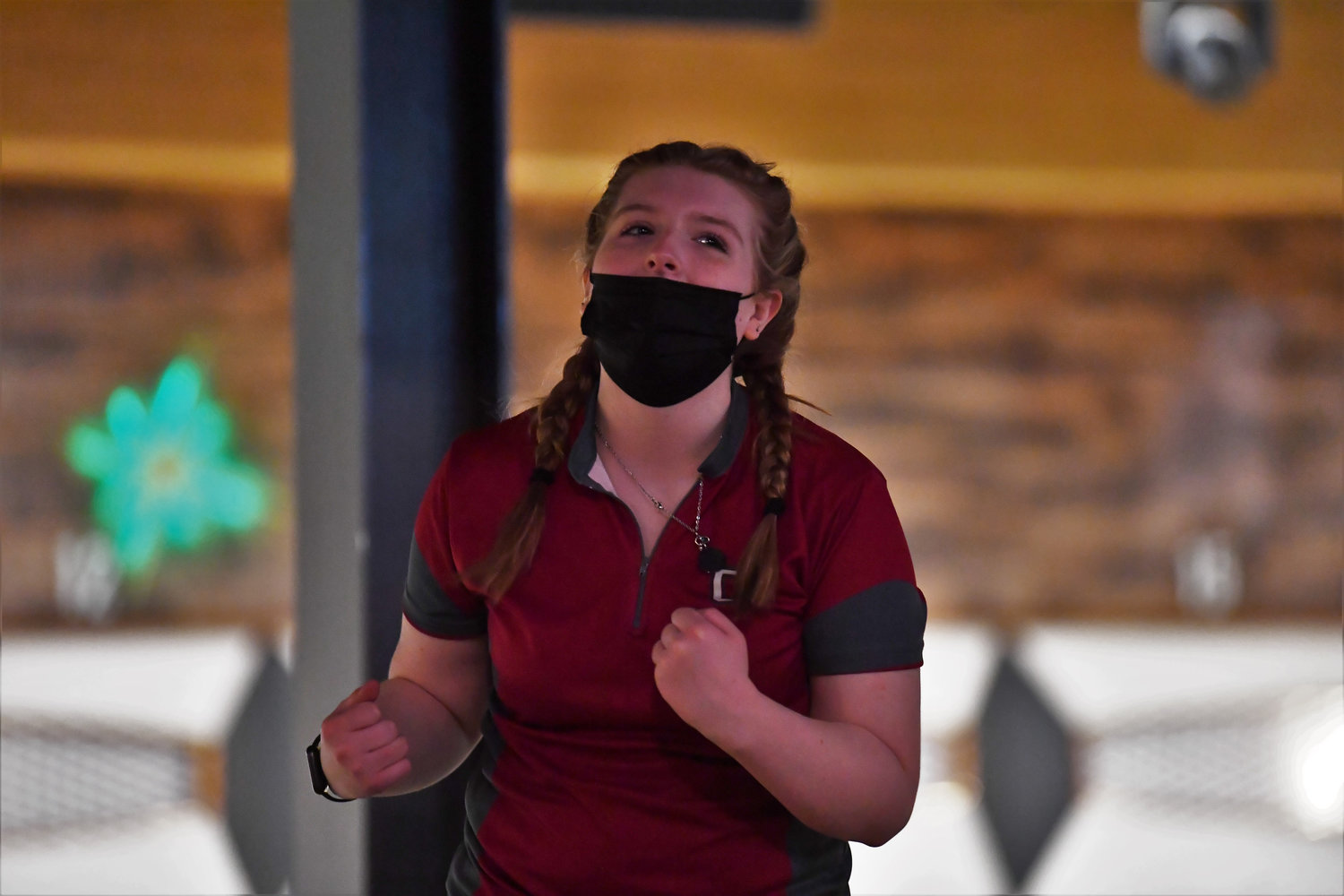 W.F. West’s Piper Chalmers celebrates after bowling a strike in the final frame of the Baker Games at the 2A District 4 girls bowling tournament at Triangle Lanes in Longview on Jan. 28.