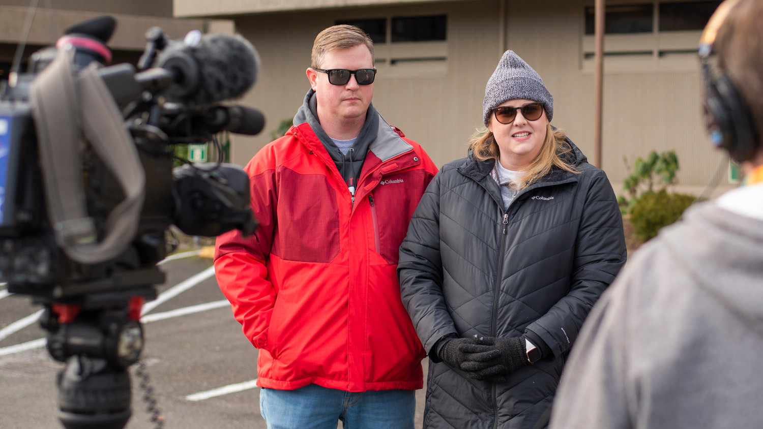 Erik and Jaime Jo Hiles describe the support they have received during an interview outside the Grays Harbor County Correctional Facility Saturday in Montesano.