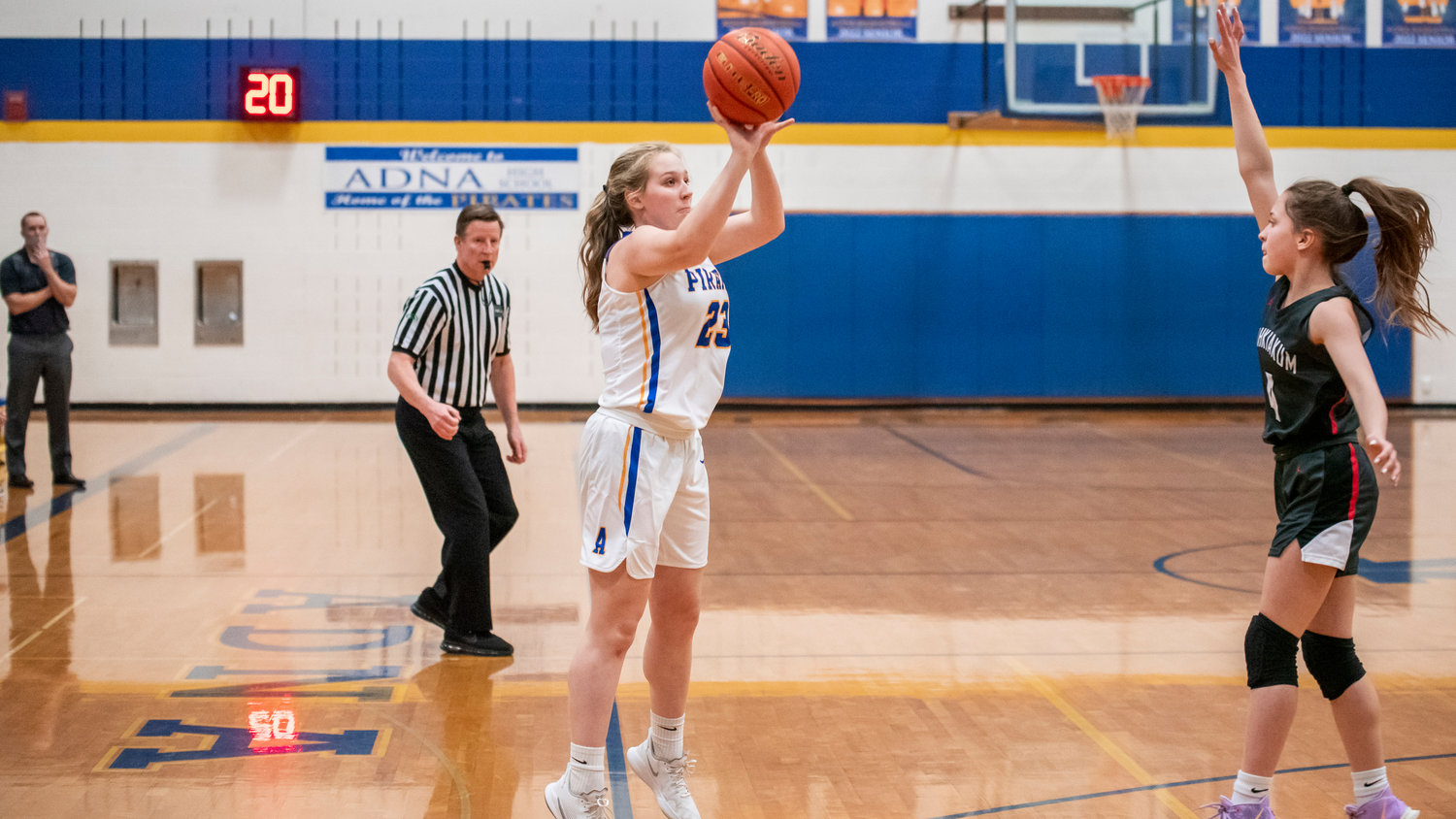 Adna’s Kendall Humphrey (23) looks to shoot during a game against Wahkiakum Monday night.