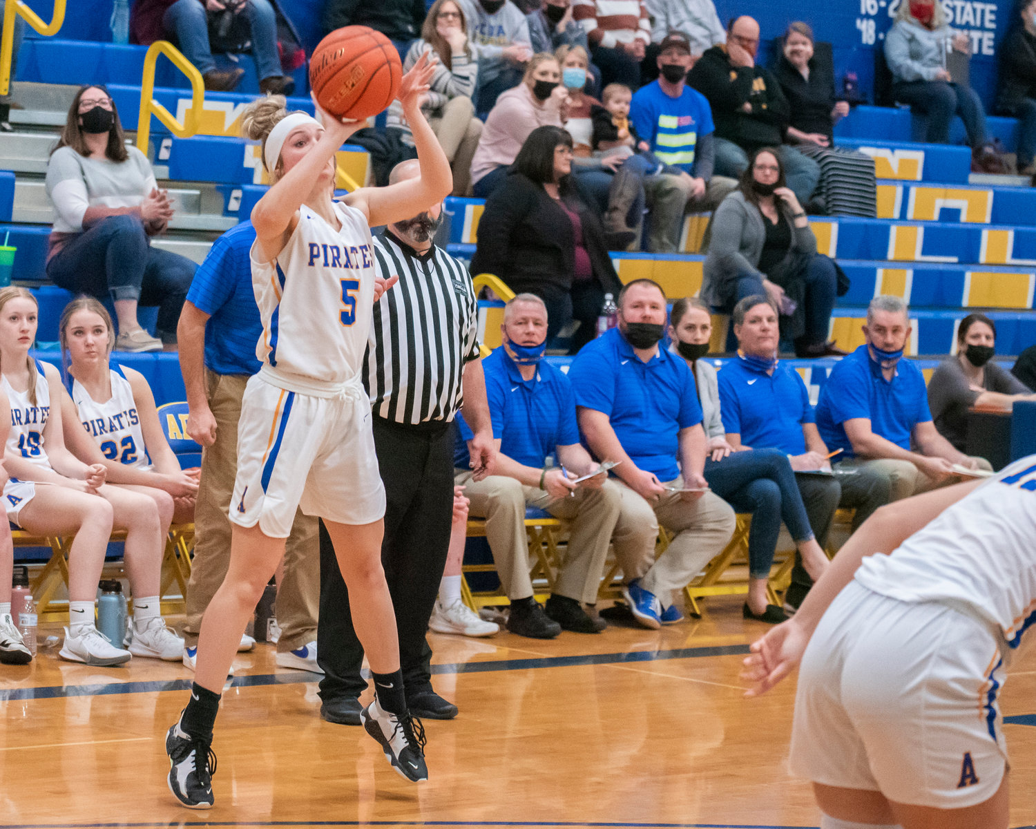 Adna Senior Kaylin Todd (5) shoots from deep Monday night during a game.