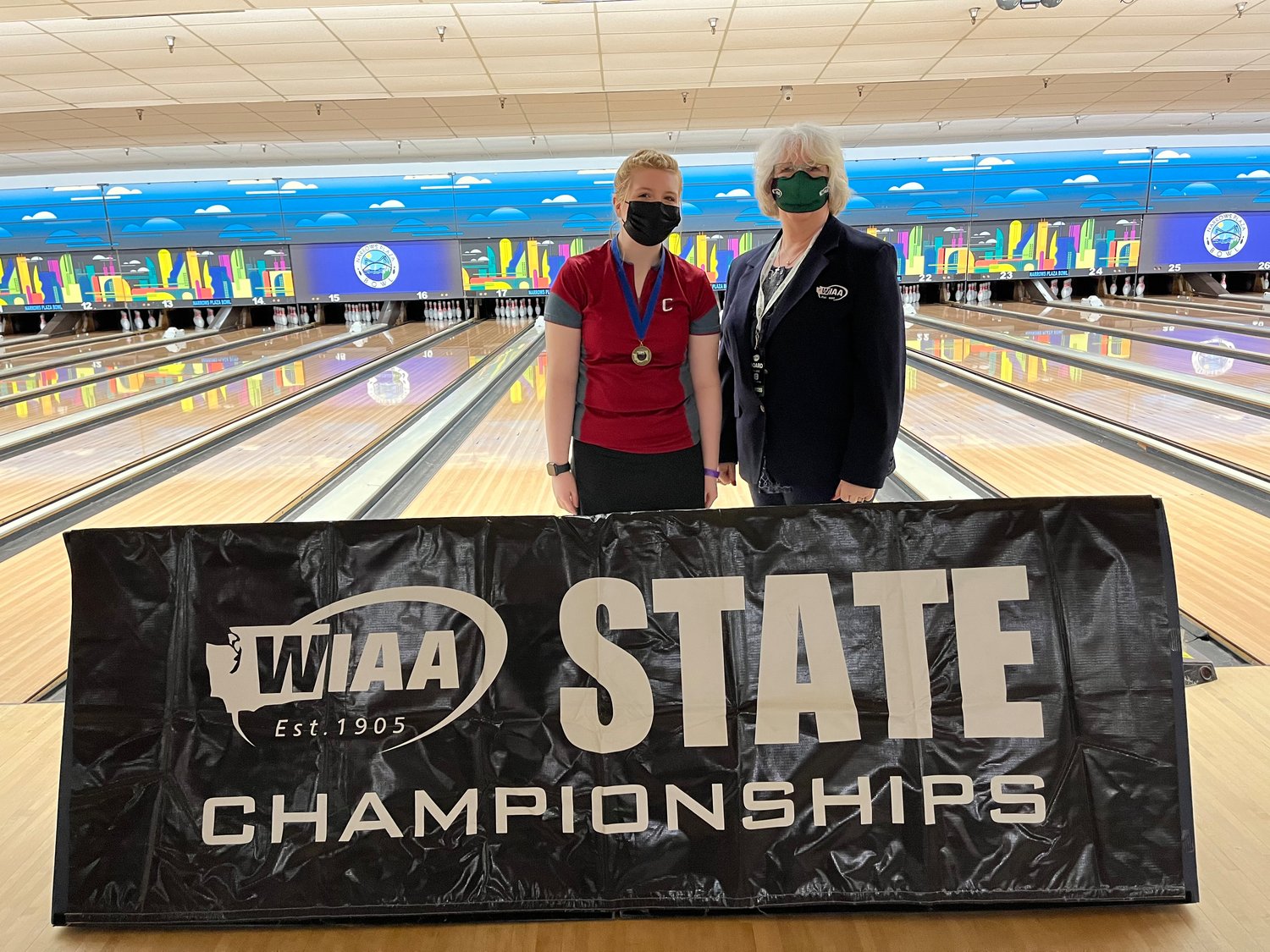 W.F. West junior Piper Chalmers, left, won the 1A/2A girls state bowling championship on Friday, Feb. 4. Chalmers won by 62 pins over the runner up.