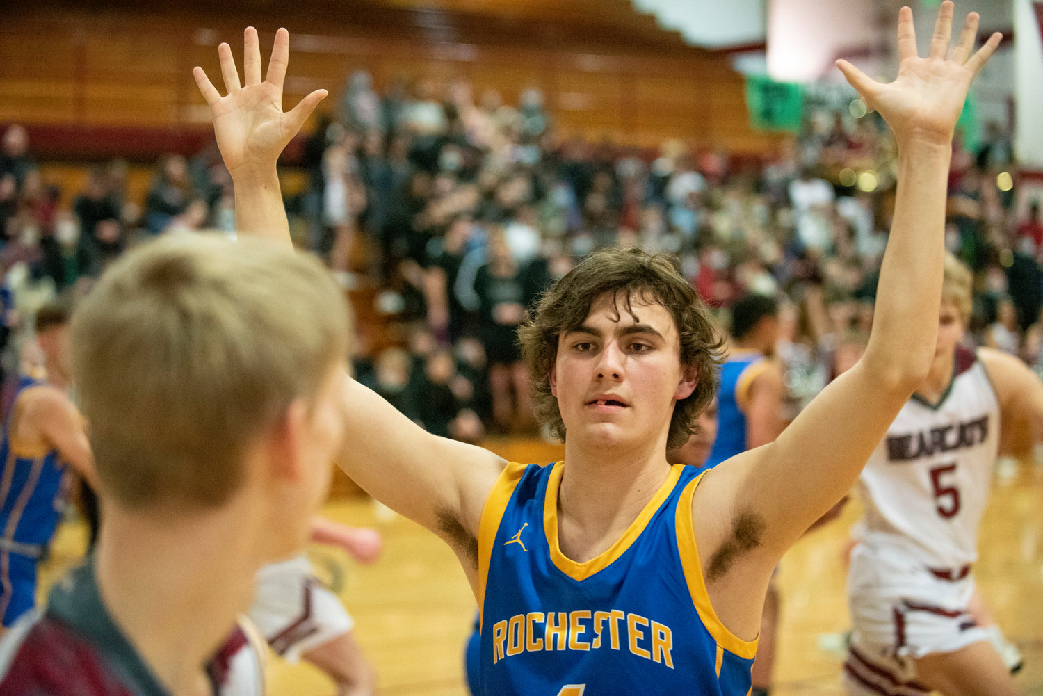 Rochester's Sawyer Robbins defense against a W.F. West inbounds pass on Feb. 4.