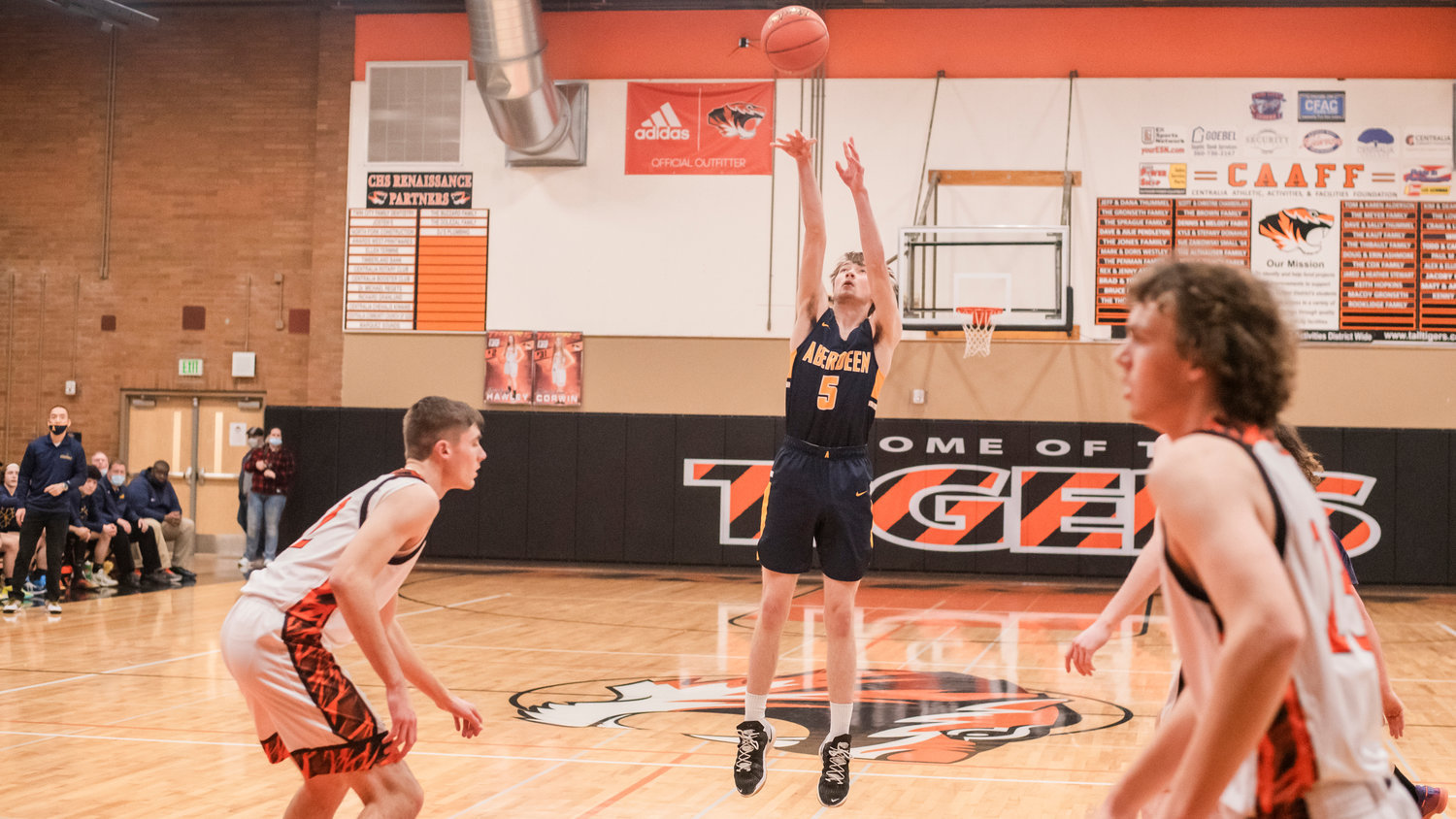 Aberdeen senior Andrew Troeh (5) puts up a shot Friday night during a game in Centralia.