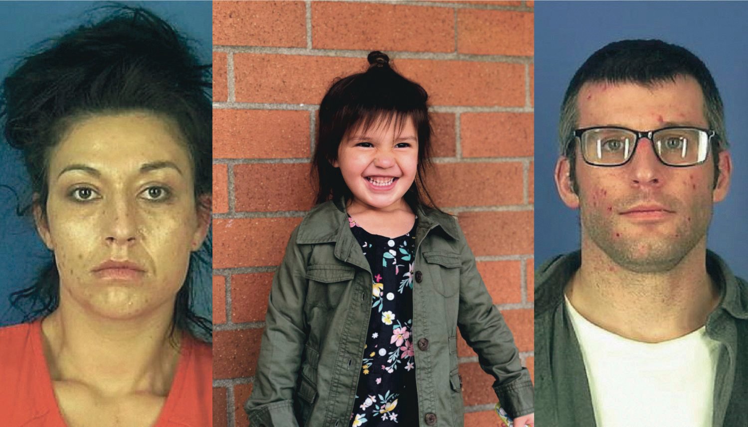 Jordan Bowers, left, and Andrew Carlson, right, are suspects in the disappearance of their daughter Oakley Carlson, center.