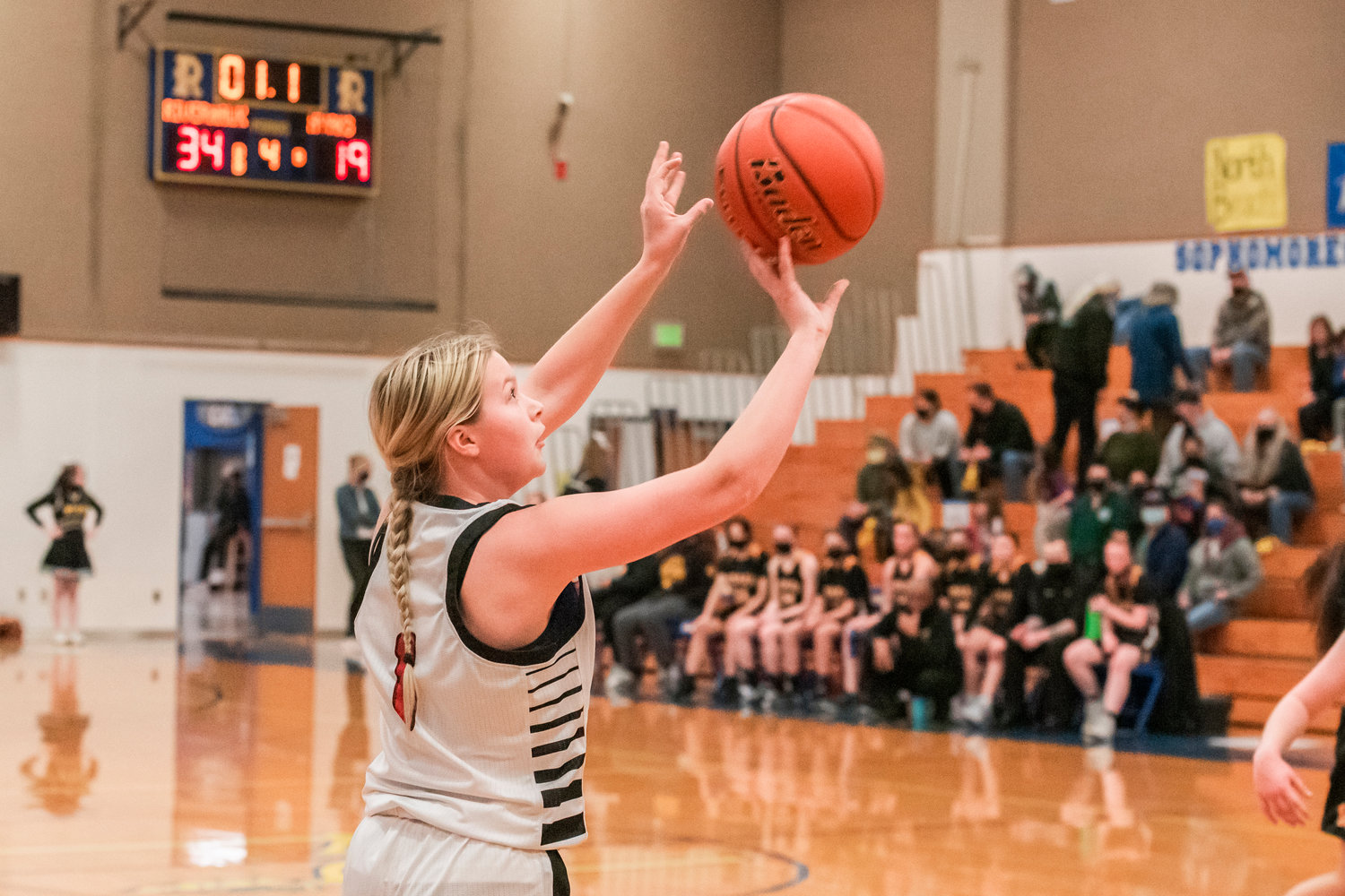 Toledo’s Destiny Gifford (1) drains a three-point shot to end the game Tuesday night at Rochester High School.