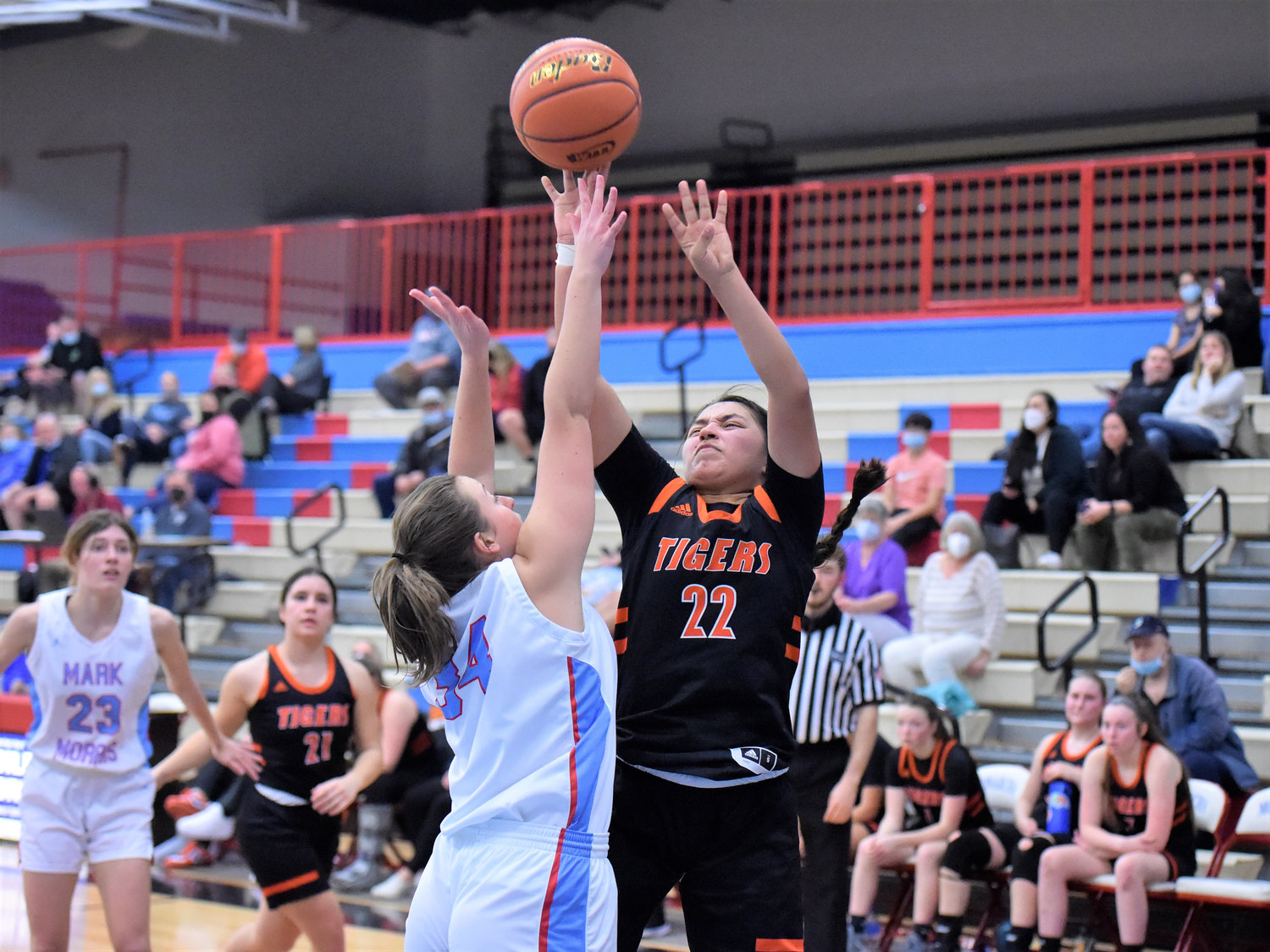 Centralia sophomore Makayla Chavez pulls up for a jumper against Mark Morris in a district play-in game on Feb. 9.