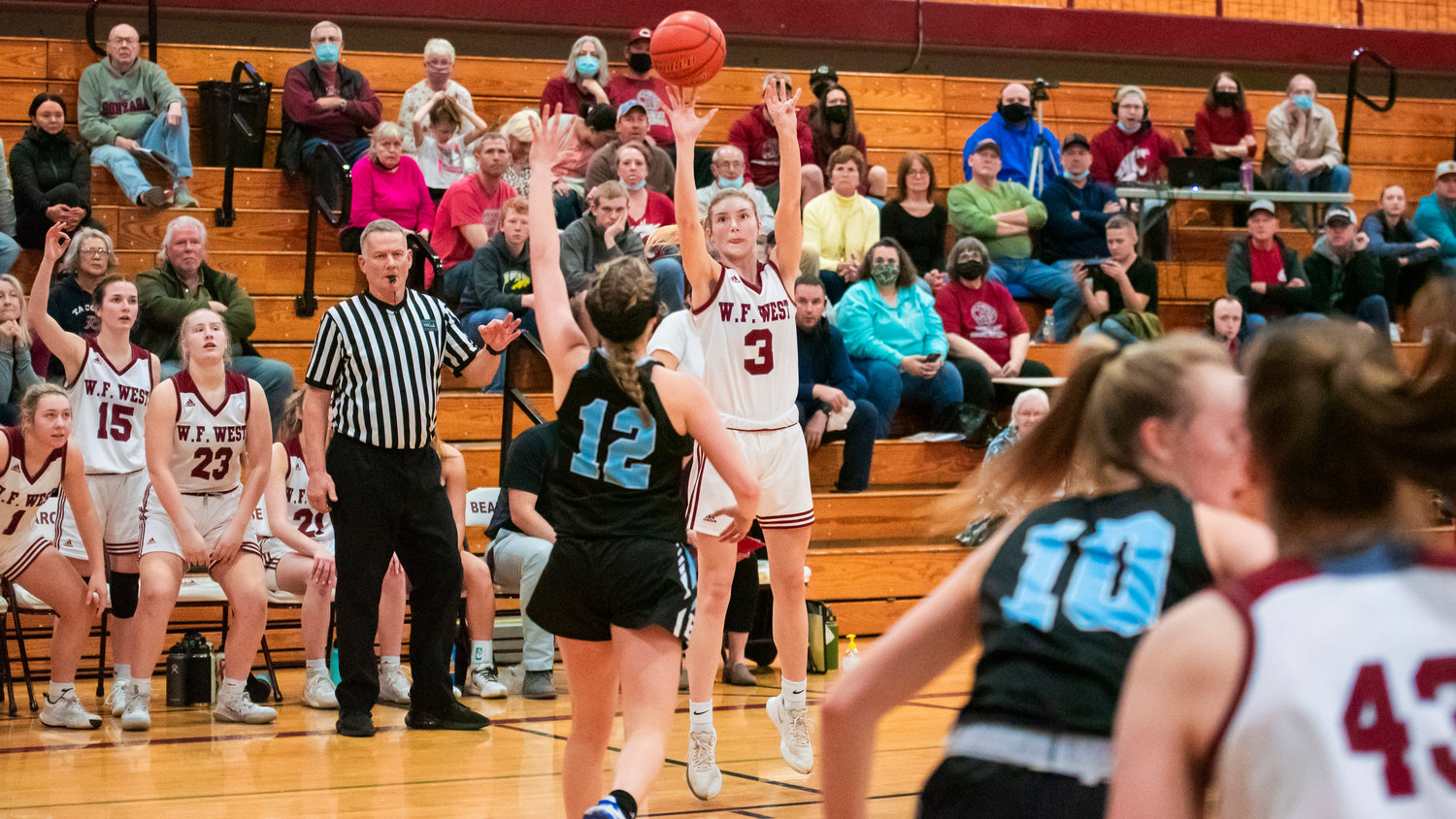 W.F. West senior Lexi Roberts (3) shoots from deep during a game Friday night in Chehalis.