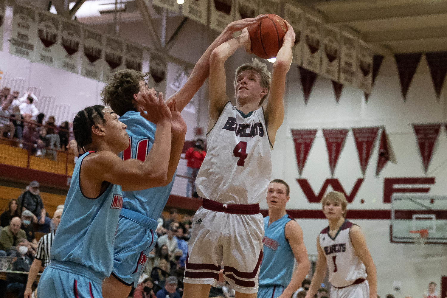 Bearcat guard Evan Tornow rises for a contested jumper in a loss to Mark Morris in the opening round of the 2A District IV playoffs in Chehalis Feb. 12.