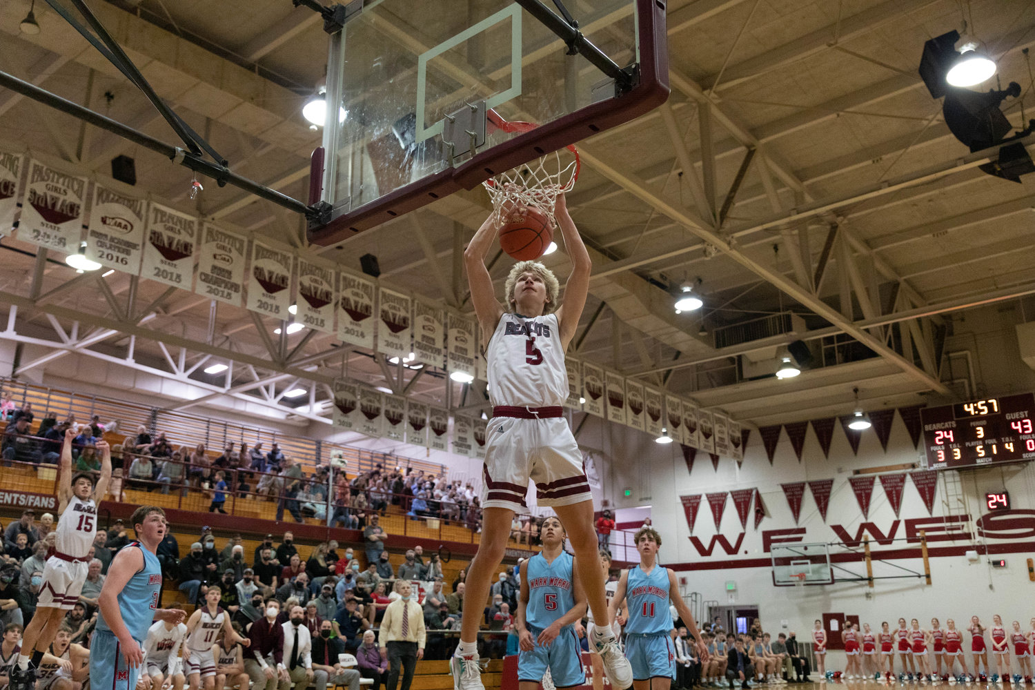 W.F. West guard Dirk Plakinger throws down a dunk in a loss to Mark Morris in the opening round of the 2A District IV playoffs in Chehalis Feb. 12.