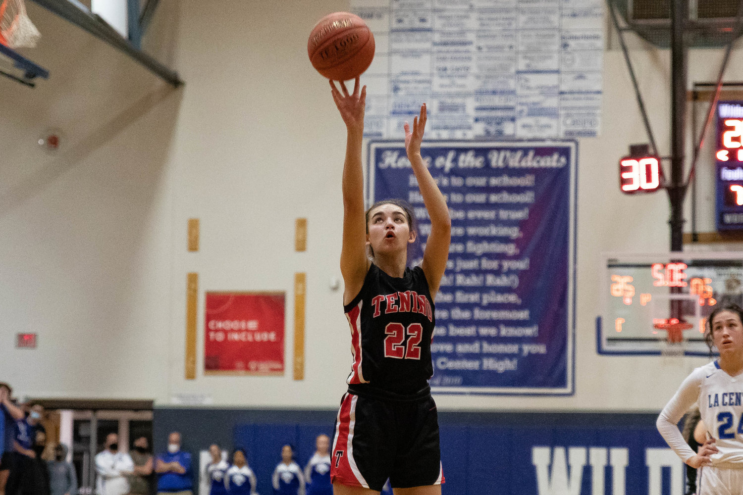 Tenino forward Ashley Schow shoots a free throw against La Center in the 1A District IV semifinals Feb. 15.