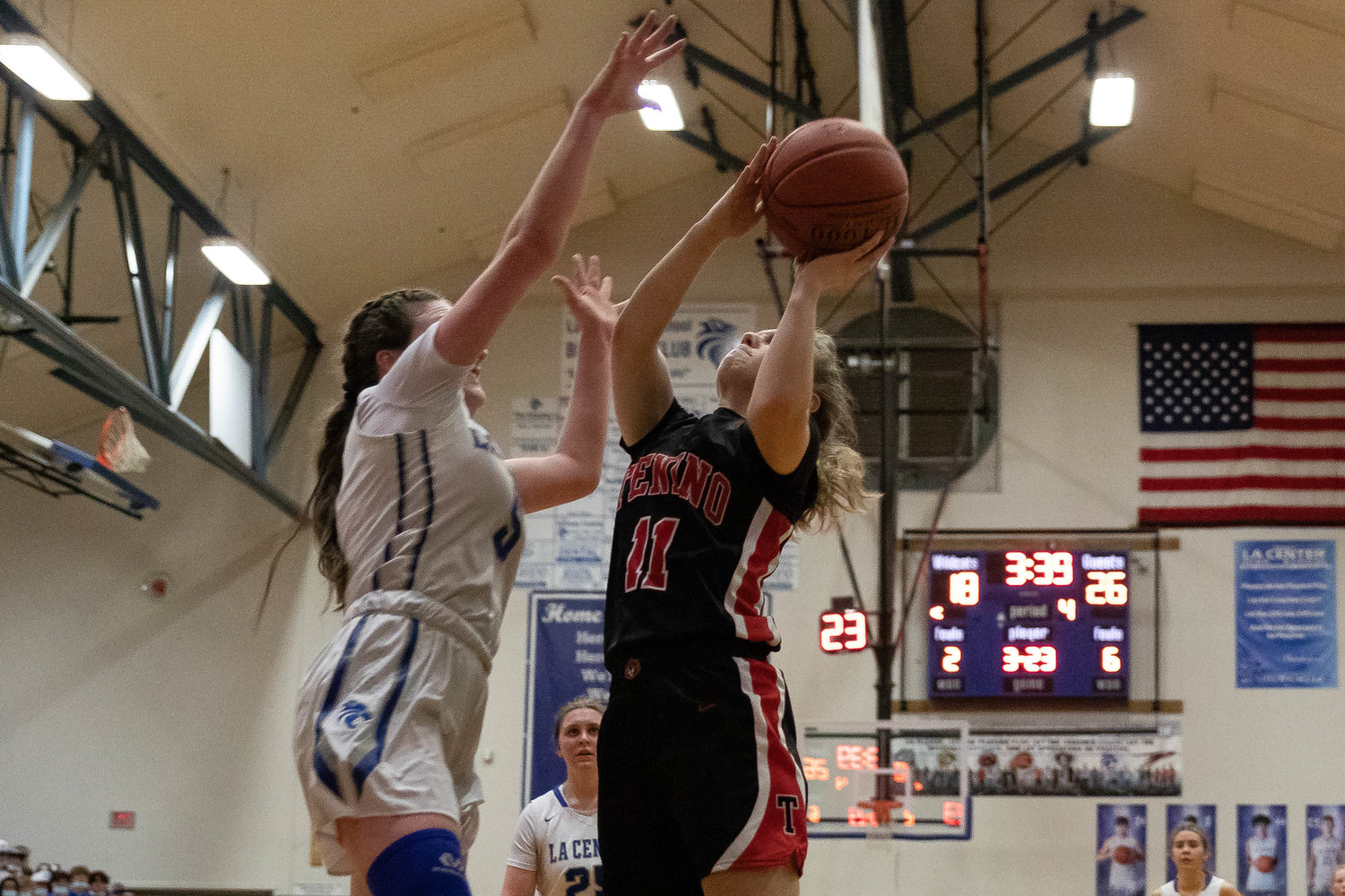 Tenino guard Megan Letts shoots a layup against La Center in the 1A District IV semifinals Feb. 15.