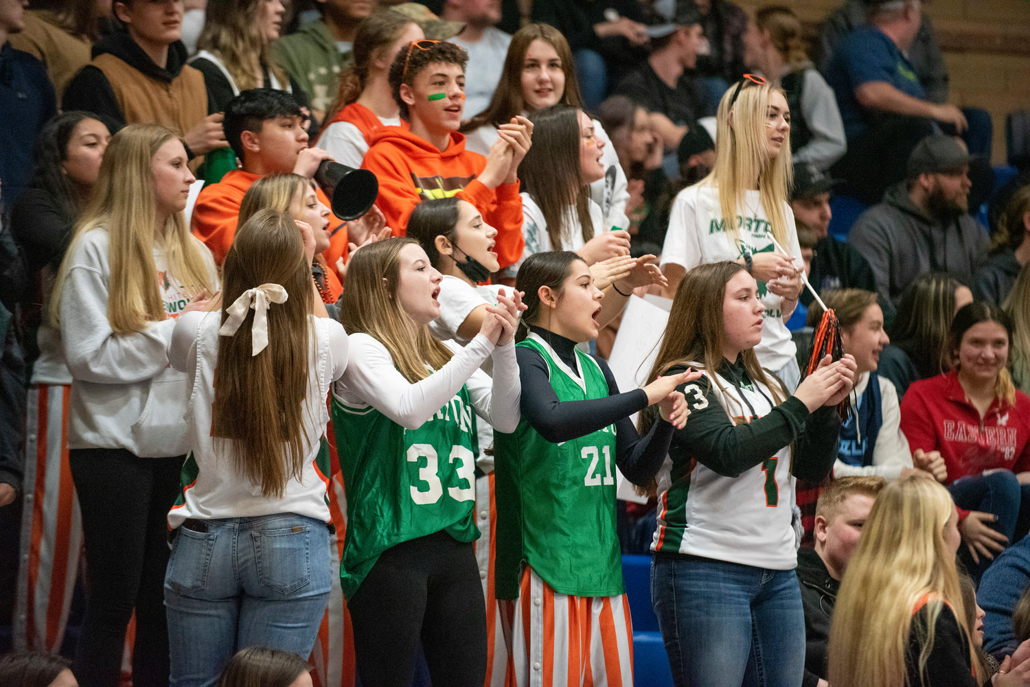 Morton-White Pass students cheer during a district semifinal game against Adna on Feb. 16.