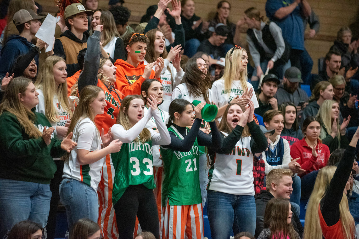 Morton-White Pass students cheer for the Timberwolves against Adna in the district semifinals on Feb. 16.
