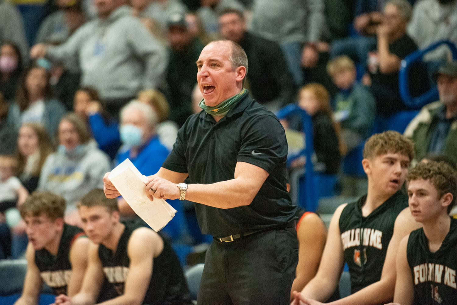 Morton-White Pass coach Chad Cramer calls out to his team during the district semifinals against Adna on Feb. 15.