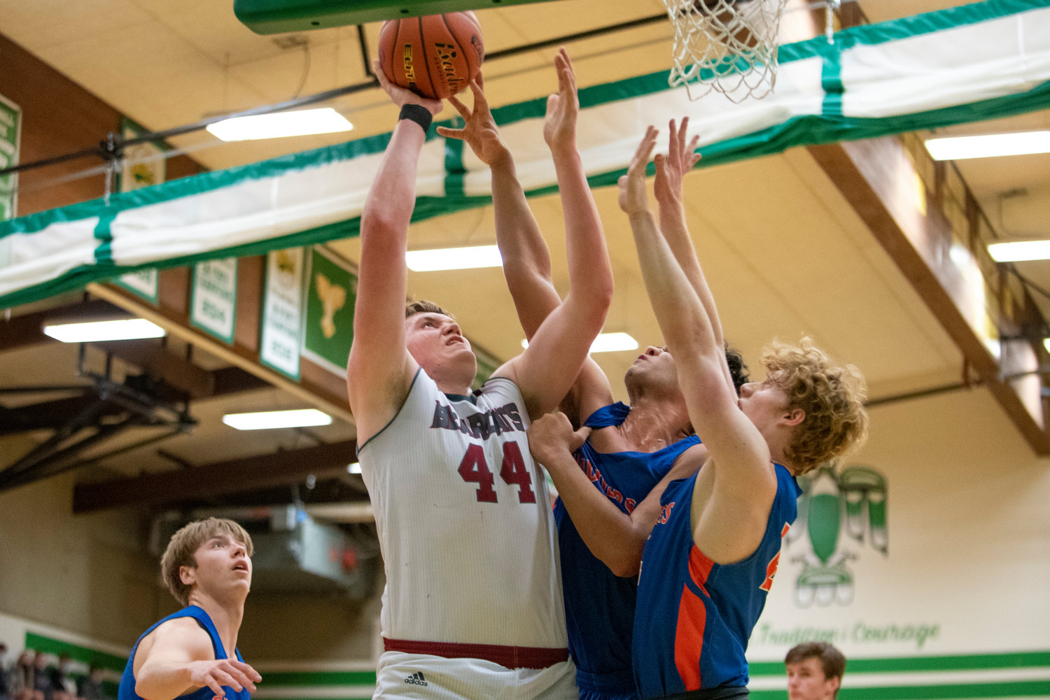 W.F. West junior Soren Dalan takes it to the rim in a district-playoff win over Ridgefield on Thursday at Tumwater High School.