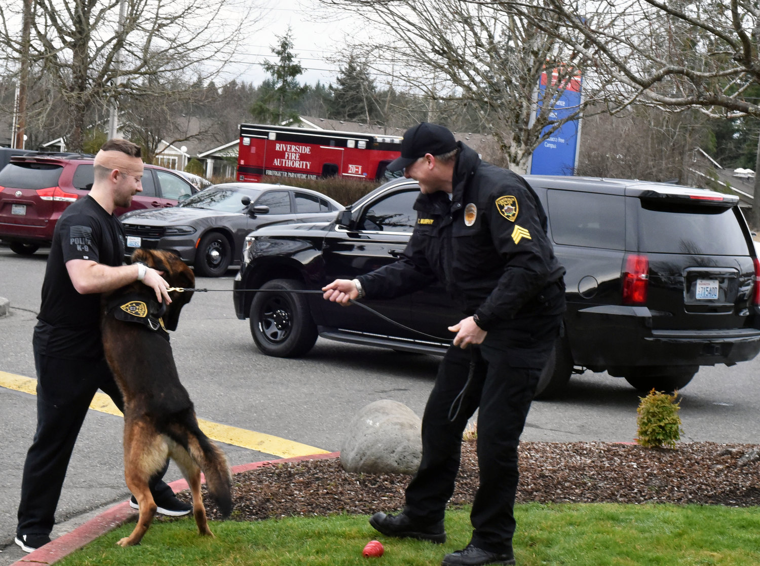 Centralia K9 Officer Stephen Summers is reunited with Samson after being stabbed by a child rape suspect in Chehalis on Friday. He was released from Providence Centralia Hospital Saturday morning.