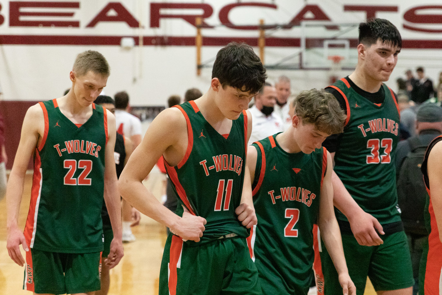 The Morton-White Pass boys basketball team walks off the floor after a near defeat the hands of Kalama in the 2B District IV Championship at W.F. West Feb. 19.