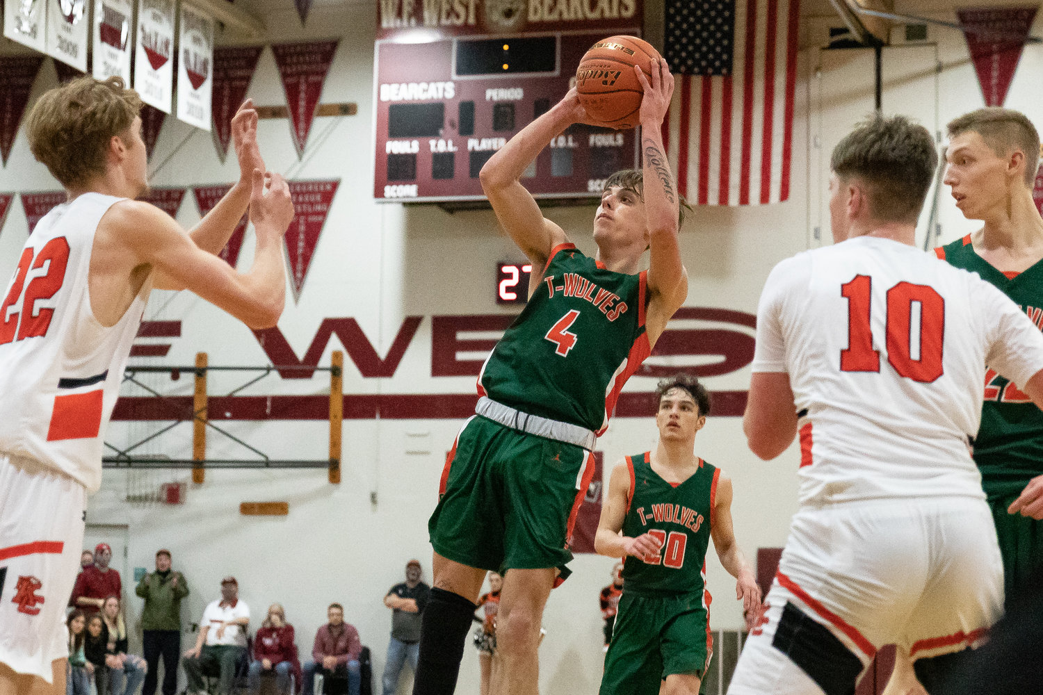 MWP guard Leytan Collette takes a jumpshot against Kalama in the 2B District IV Championship at W.F. West Feb. 19.