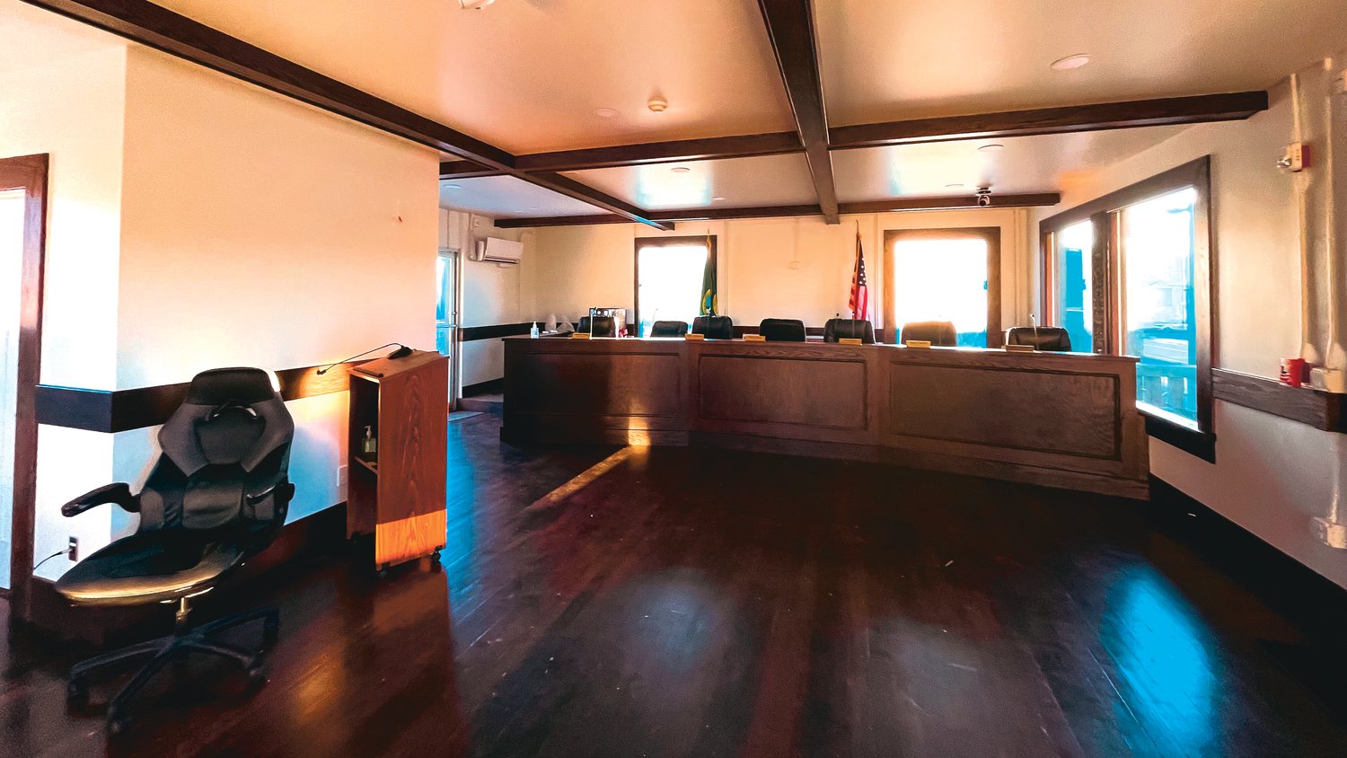 New flooring, exposed roof beams, and a custom podium recreate vintage design inside Tenino City Hall during a renovatio project seen Friday afternoon.