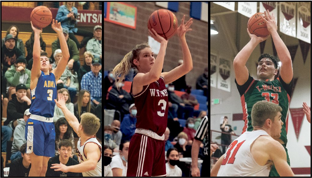 From left: Adna’s Braeden Salme, W.F. West’s Lexi Roberts and Morton-White Pass’ Josh Salguero take shots during their respective 2022 District 4 basketball tournament runs. All three teams enter the regional round of their state basketball tournaments this weekend.