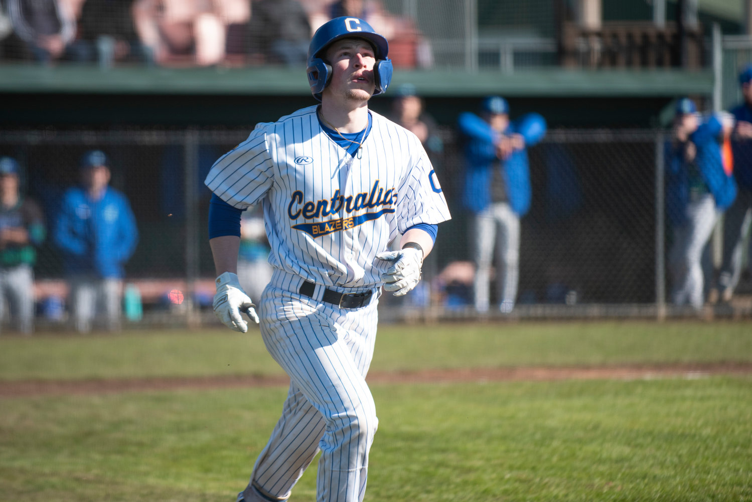 Centralia College's Jaymz Knowlton watches his foul ball fly off during a home game against Edmonds on Feb. 25 at Wheeler Field.