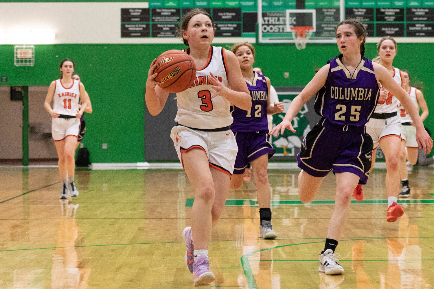 Rainier guard Brooklynn Swenson drives to the hoop against Columbia (Burbank) in the regional round of the state tournament at Tumwater Feb. 25.
