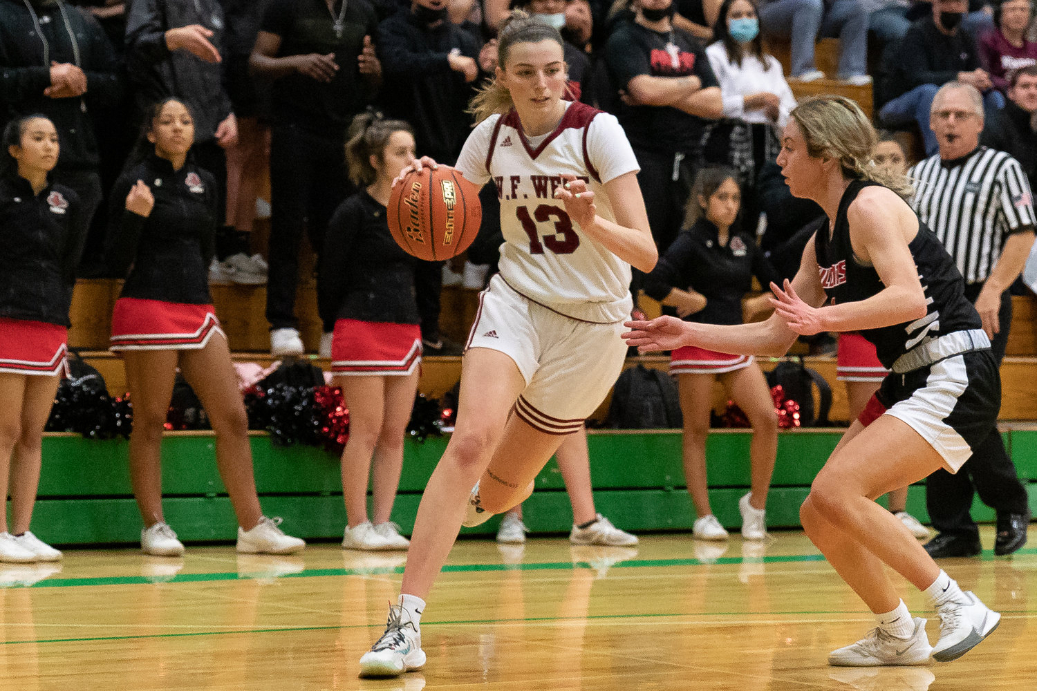 W.F. West forward Drea Brumfield drives baseline against Archbishop Murphy in the regional round of the state tournament at Tumwater Feb. 25.