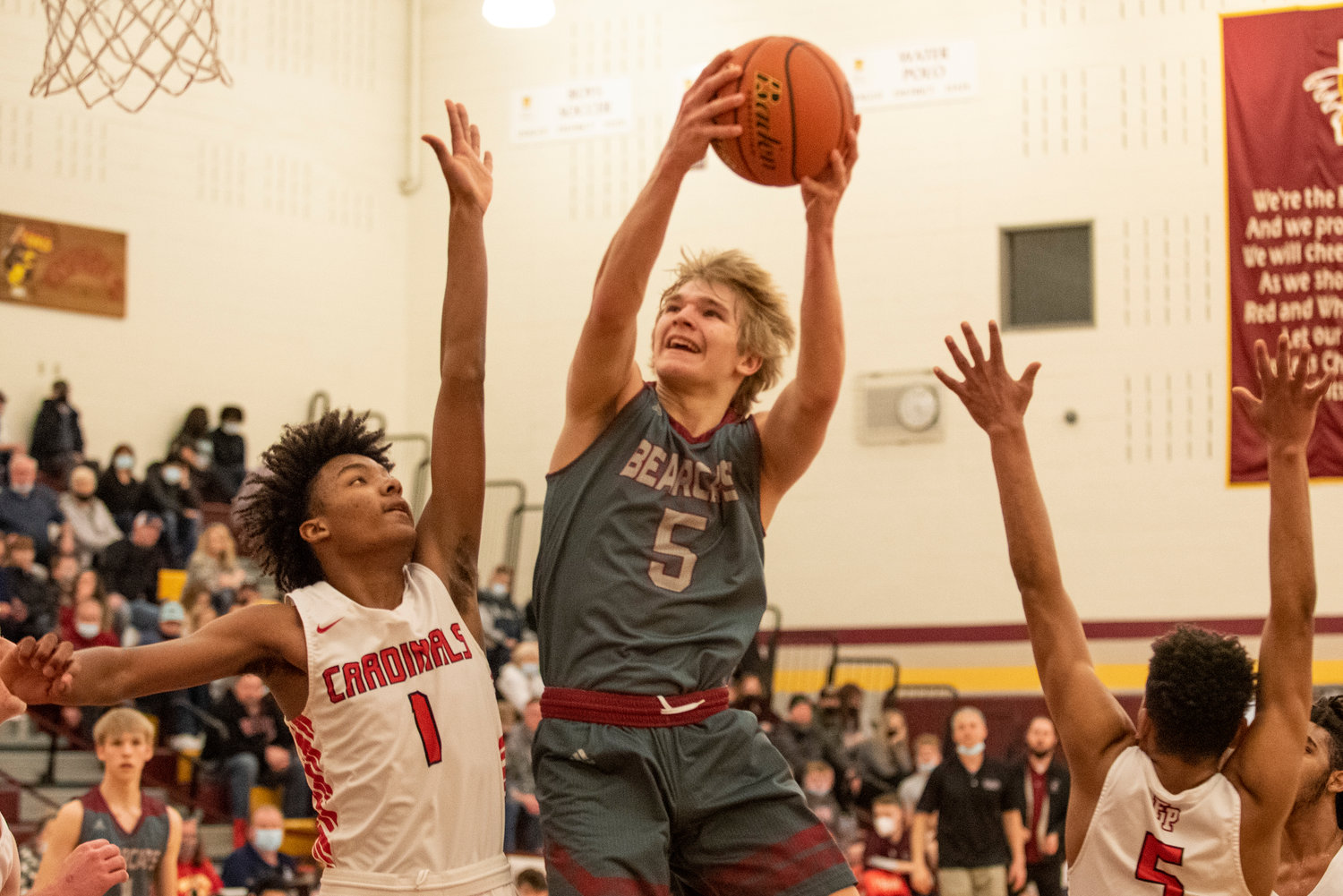 W.F. West’s Dirk Plakinger (5) soars for a layup against Franklin Pierce in a 2A Regional playoff game Feb. 26 at Mount Tahoma High School