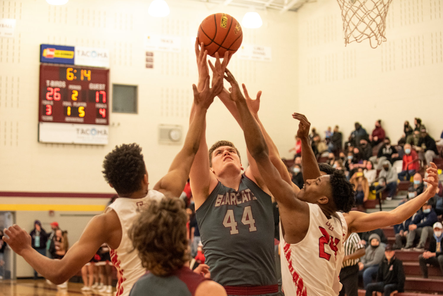 W.F. West’s Soren Dalan is double-teamed while shooting against Franklin Pierce in the Regional playoffs on Feb. 26.