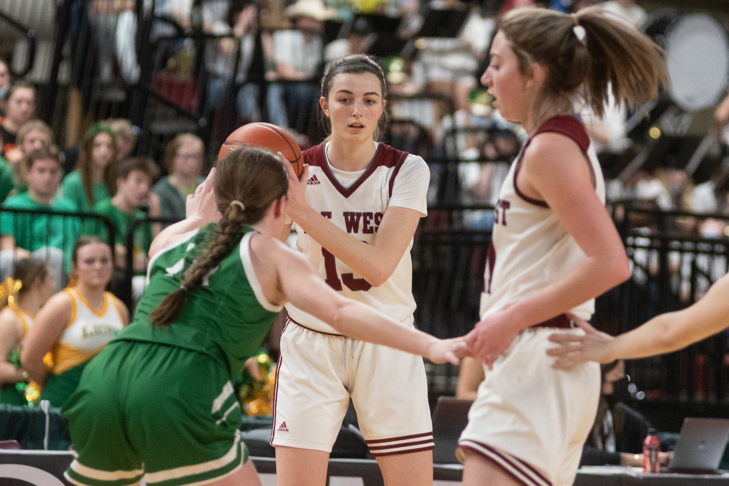 W.F. West forward Drea Brumfield runs the pick and roll with Morgan Rogerson against Lynden in the 2A State Tournament at the Yakima Valley SunDome March 2.