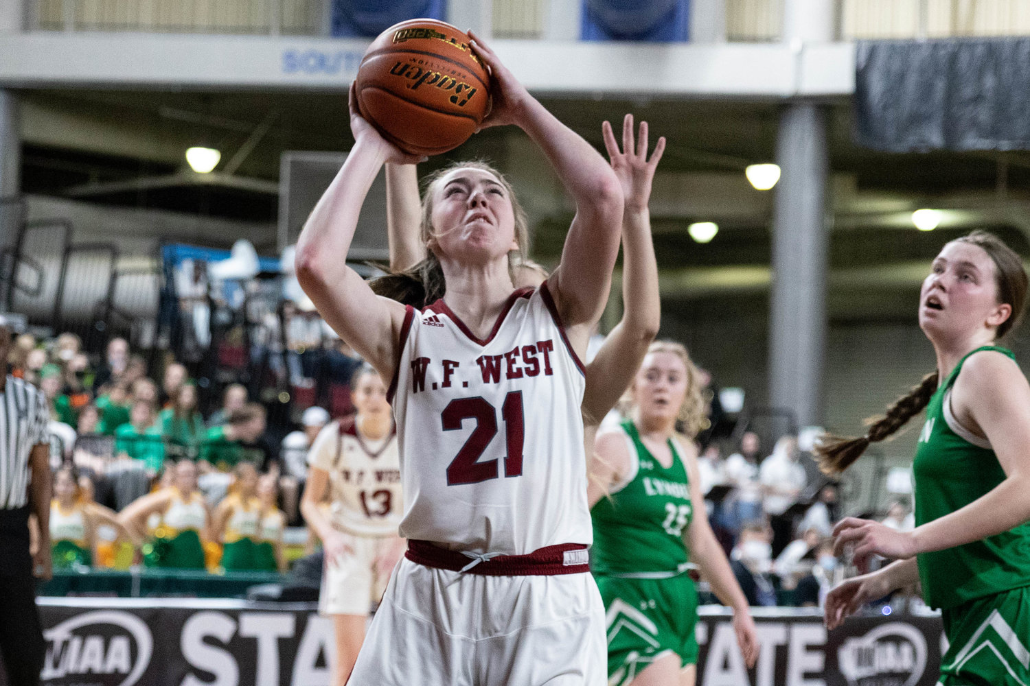 W.F. West forward Morgan Rogerson goes up for a shot attempt against Lynden in the 2A State Tournament at the Yakima Valley SunDome March 2.