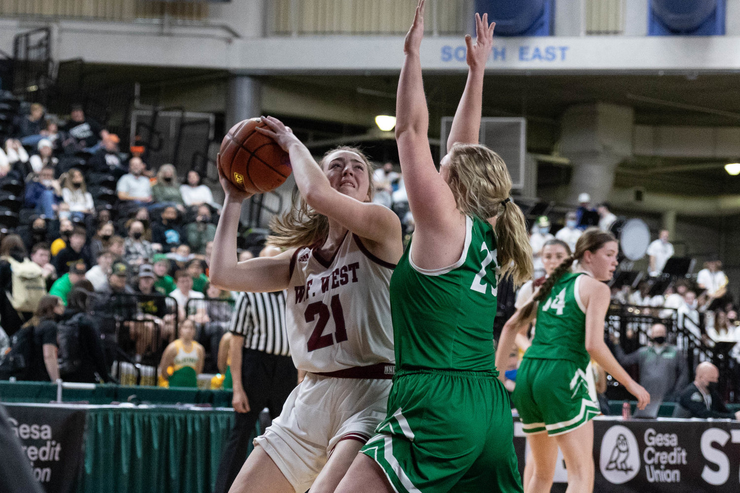 W.F. West forward Morgan Rogerson looks to shoot against Lynden in the 2A State Tournament at the Yakima Valley SunDome March 2.