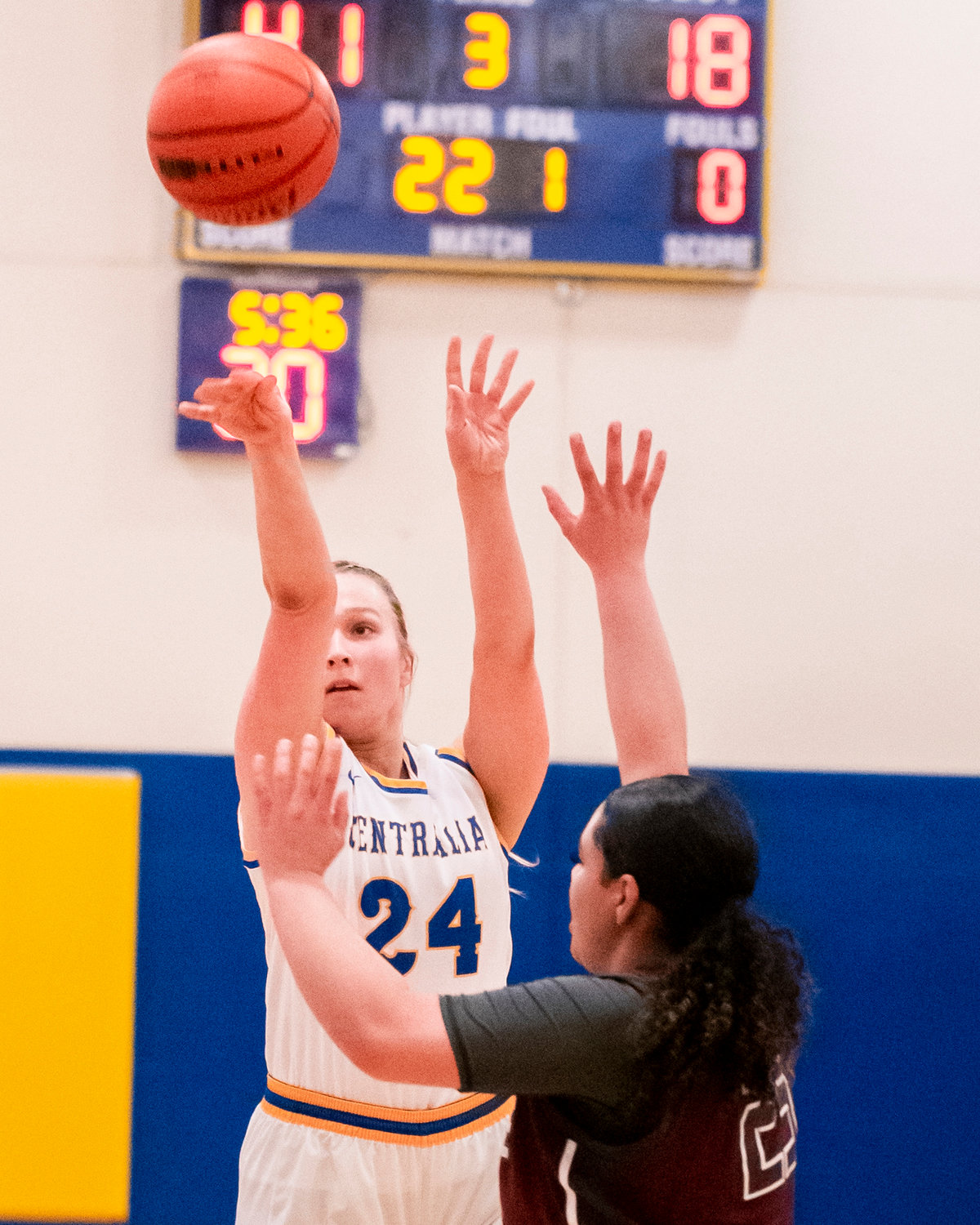 Centralia’s Paige Winter (24) puts up a shot Wednesday night during a game against Pierce College.