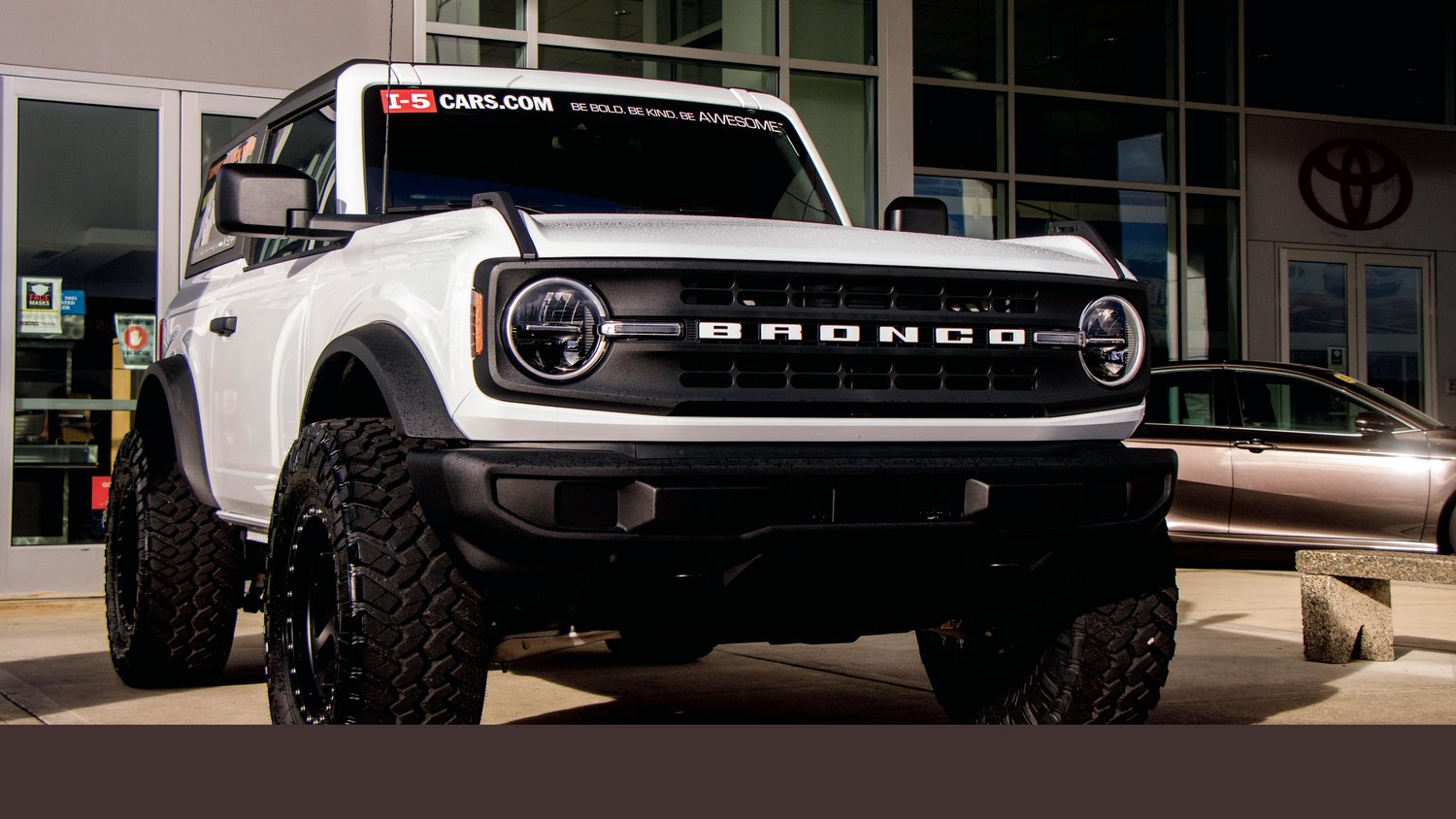 A Ford Bronco is displayed outside I-5 Toyota in Chehalis.