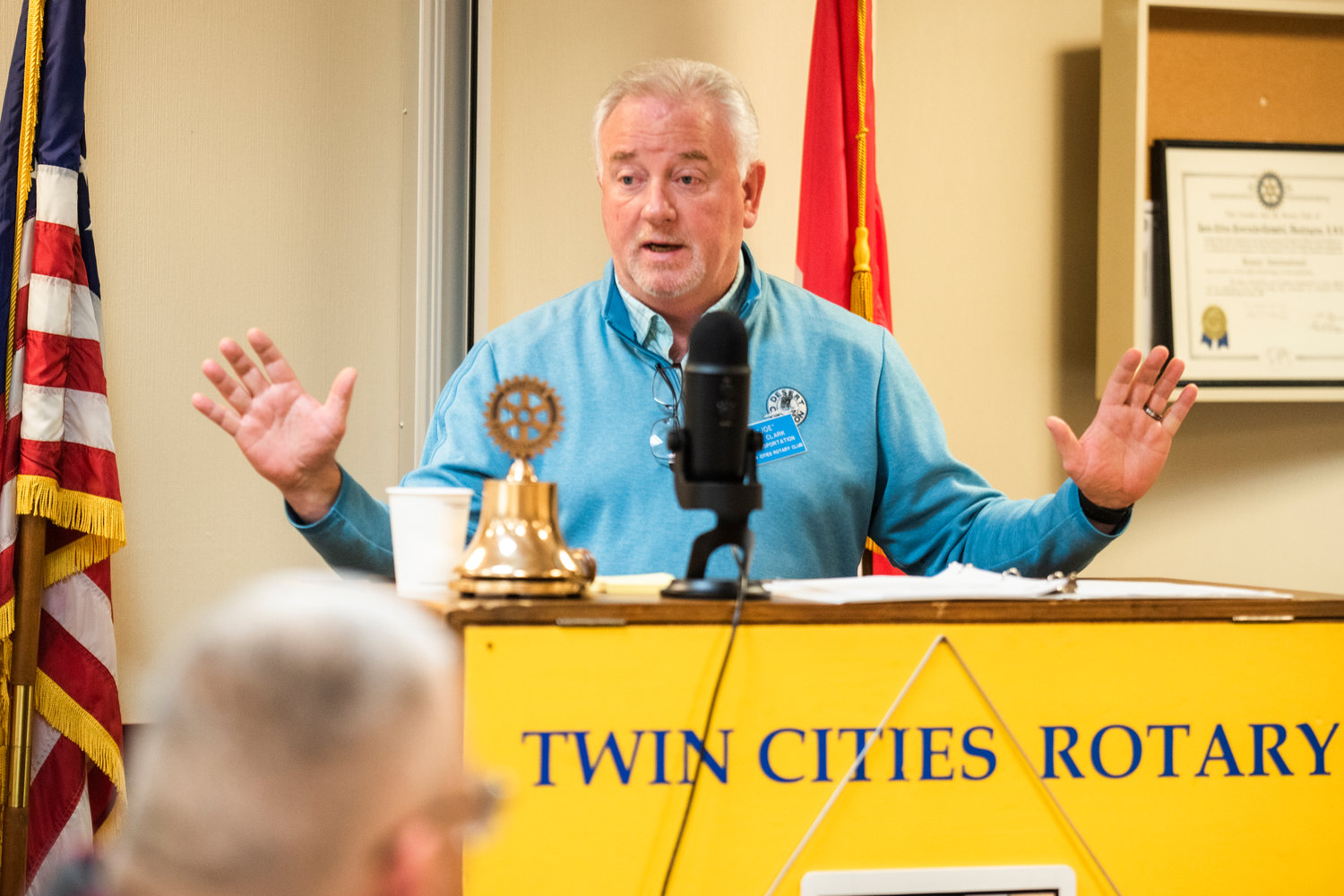 Twin Cities Rotary Club President Joe Clark speaks at a Friday morning club meeting in Chehalis.