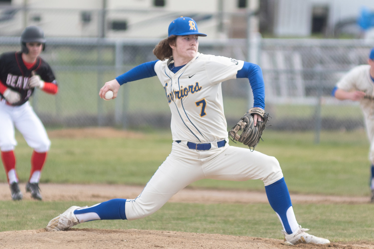 Rochester's Braden Hartley throws a pitch against Tenino in the Scatter Creek Derby March 12.