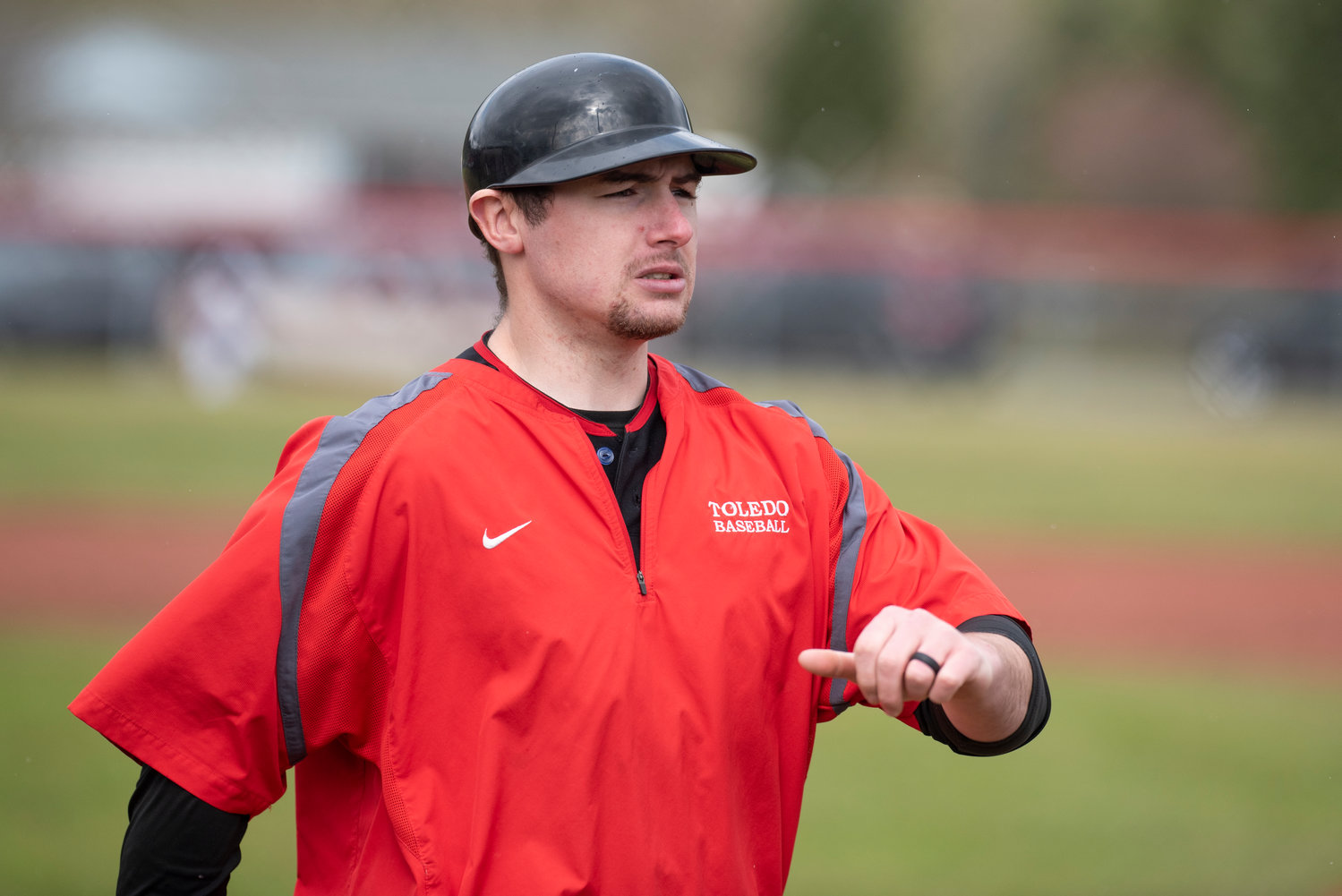 Toledo baseball coach Mack Gaul walks to the dugout during a road game at Tenino on March 16.
