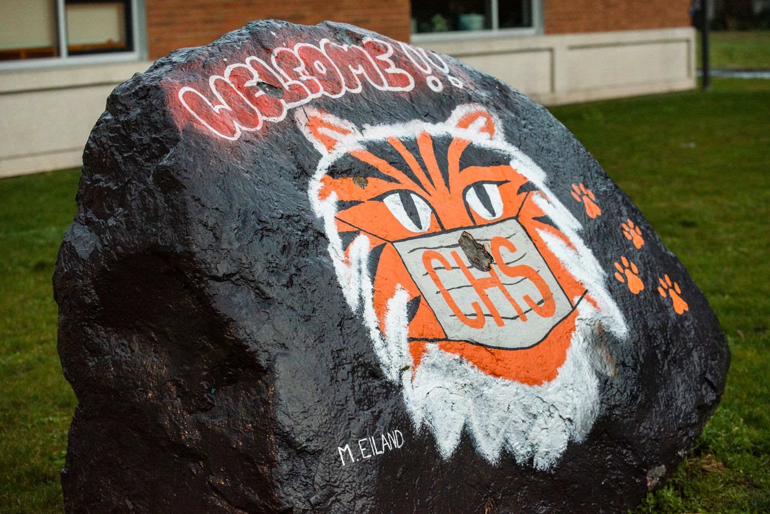 A rock on display outside Centralia High School last March.